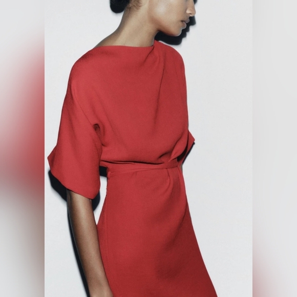 Zara ZW Collection Red Belted Long Dress Wide Neck Side Slit Size XS - Picture 14 of 16